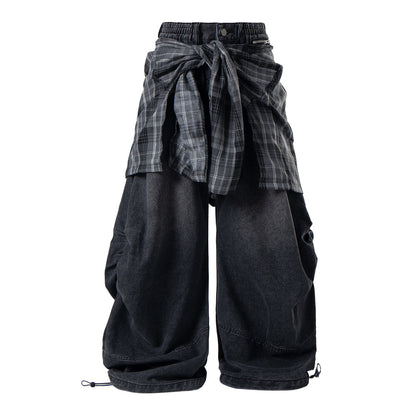 Detachable Plaid Layer Baggy Jeans Black product image