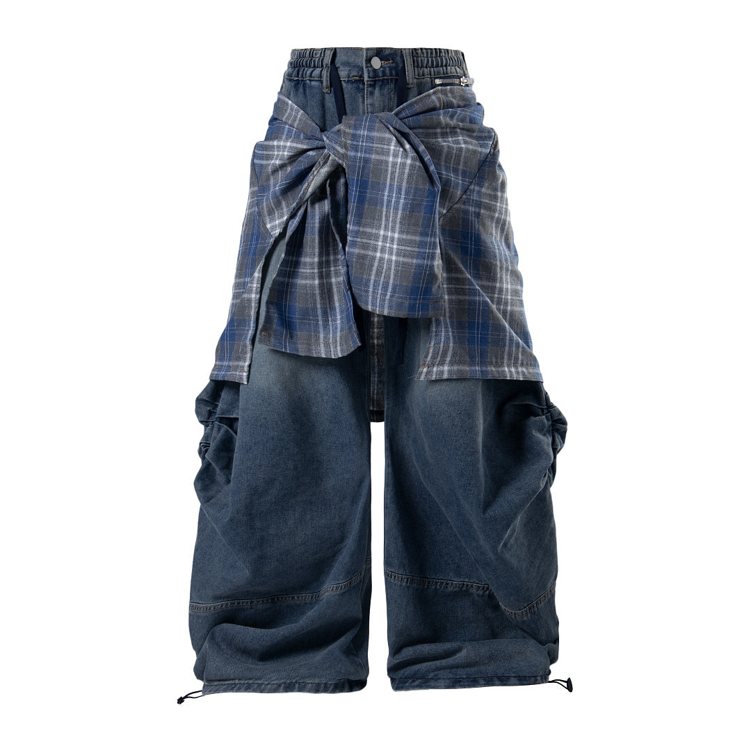 Detachable Plaid Layer Baggy Jeans Blue product image