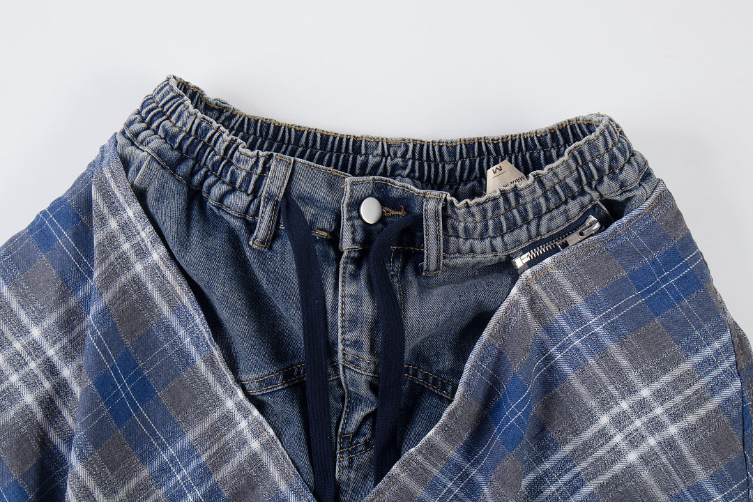 Detachable Plaid Layer Baggy Jeans detail image 4