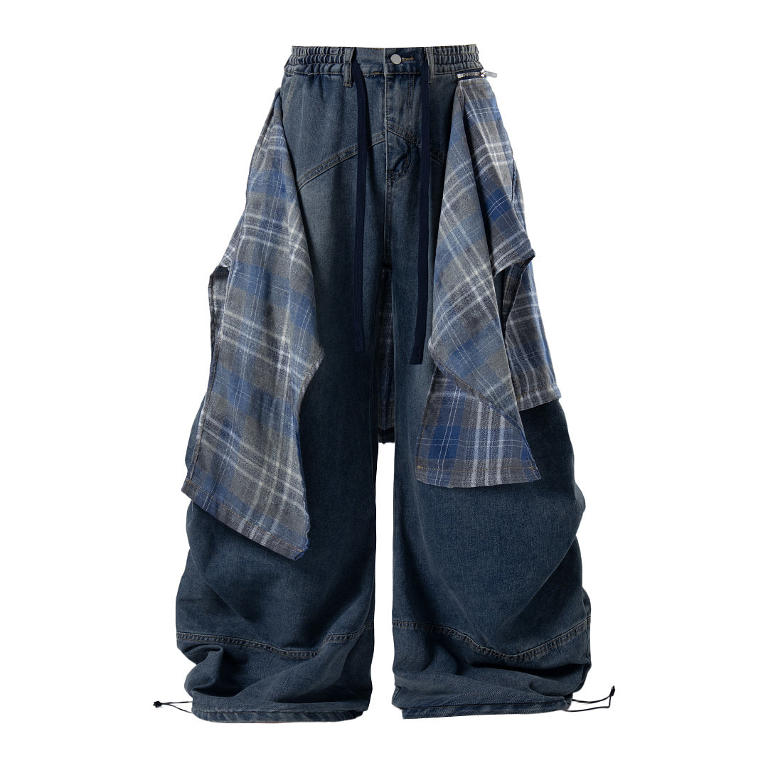 Detachable Plaid Layer Baggy Jeans detail image 7