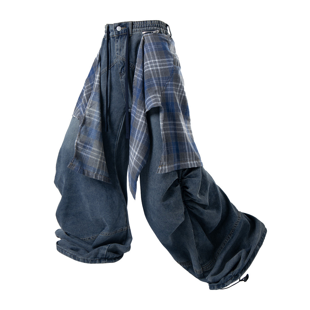 Detachable Plaid Layer Baggy Jeans detail image 8