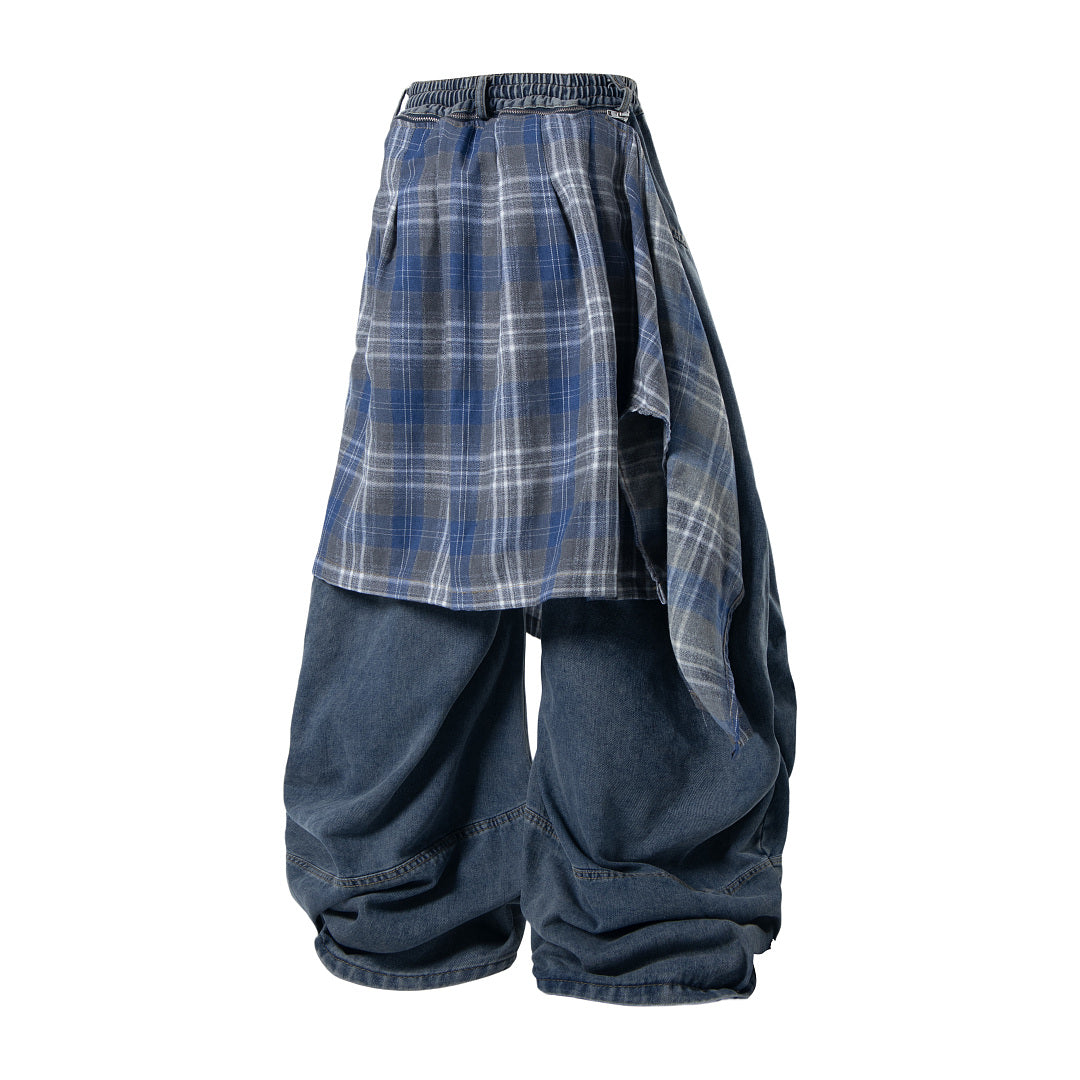 Detachable Plaid Layer Baggy Jeans detail image 9