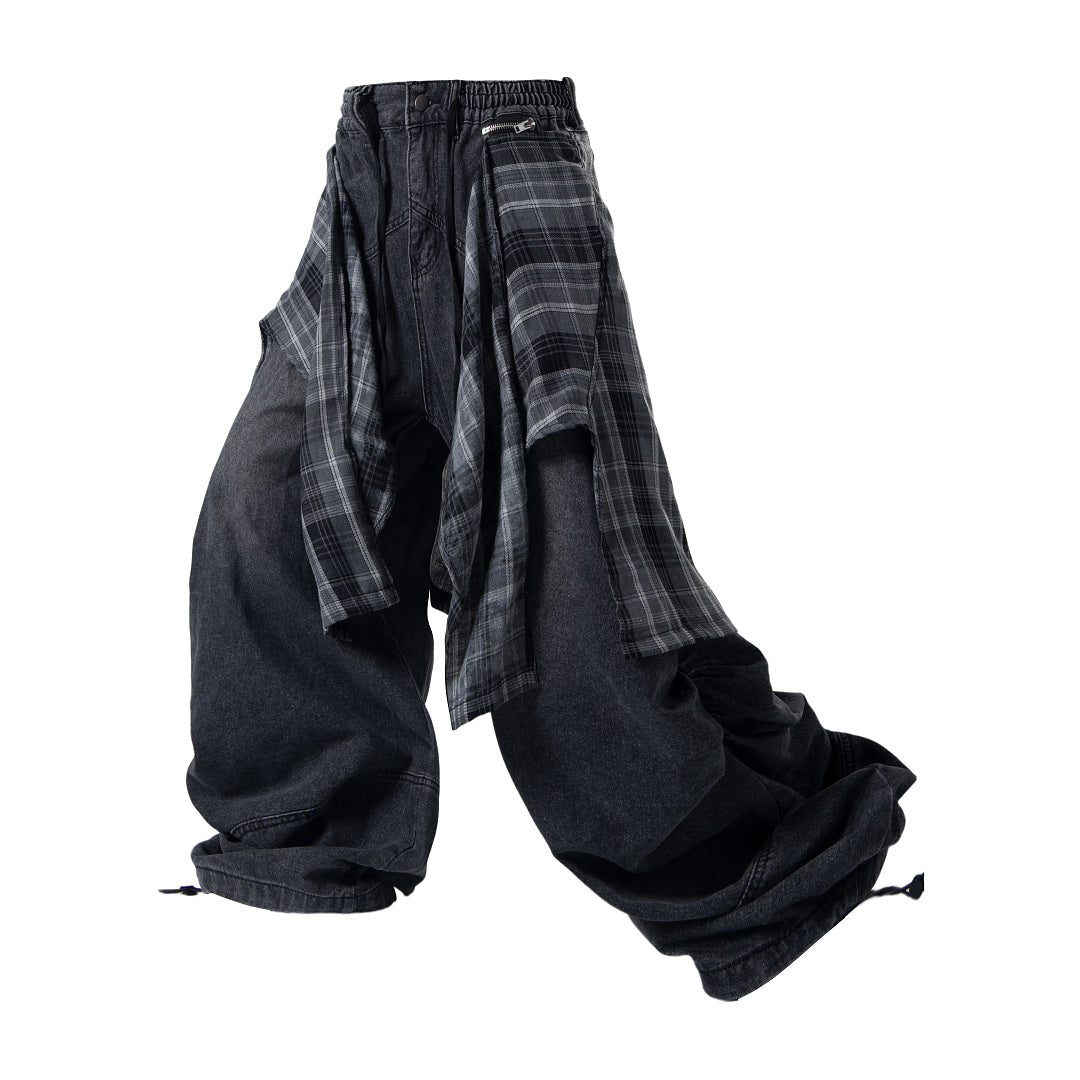 Detachable Plaid Layer Baggy Jeans detail image 11