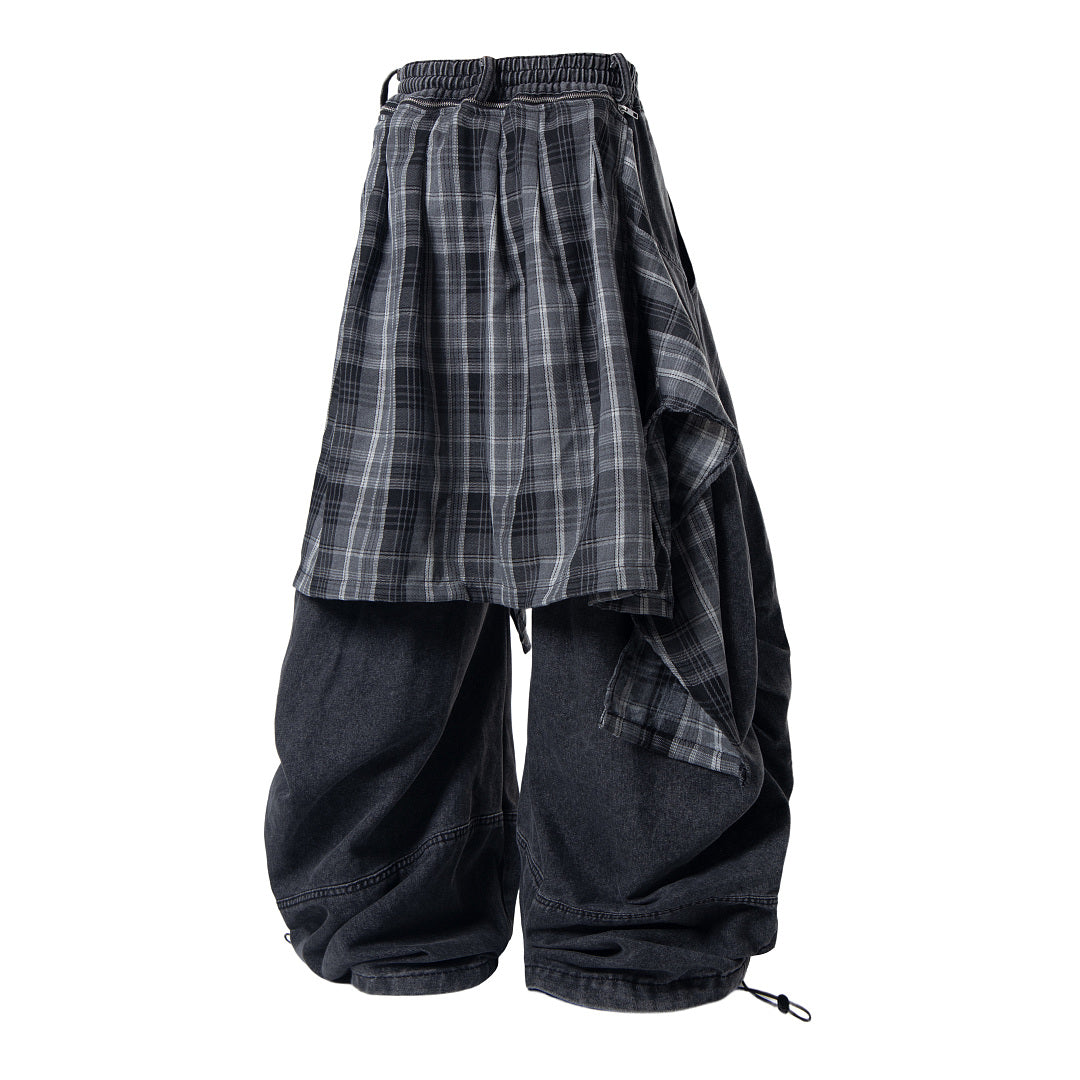 Detachable Plaid Layer Baggy Jeans detail image 12