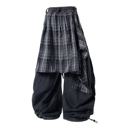 Detachable Plaid Layer Baggy Jeans detail image 12