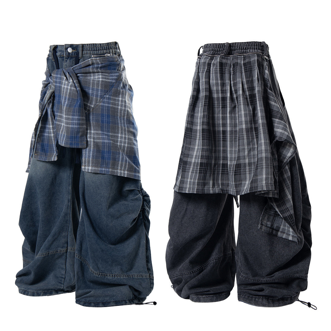 Detachable Plaid Layer Baggy Jeans detail image 13