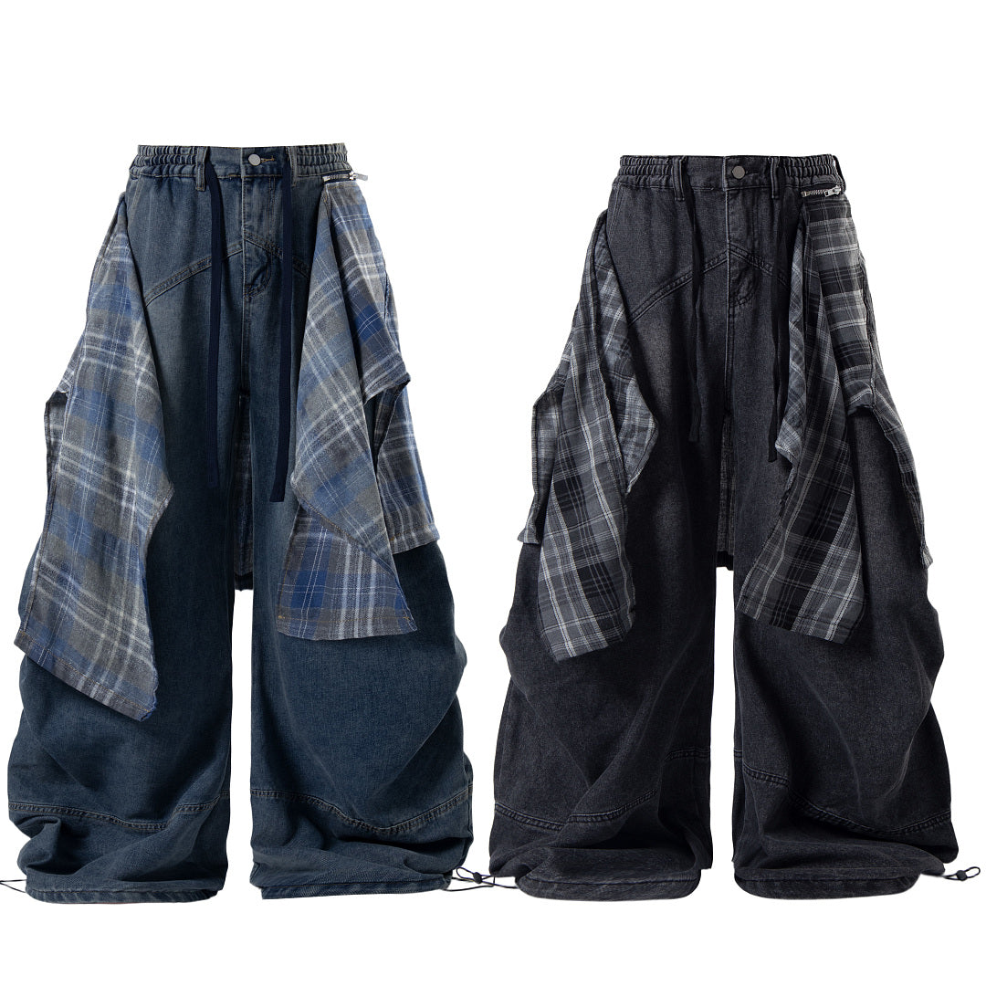 Detachable Plaid Layer Baggy Jeans detail image 14
