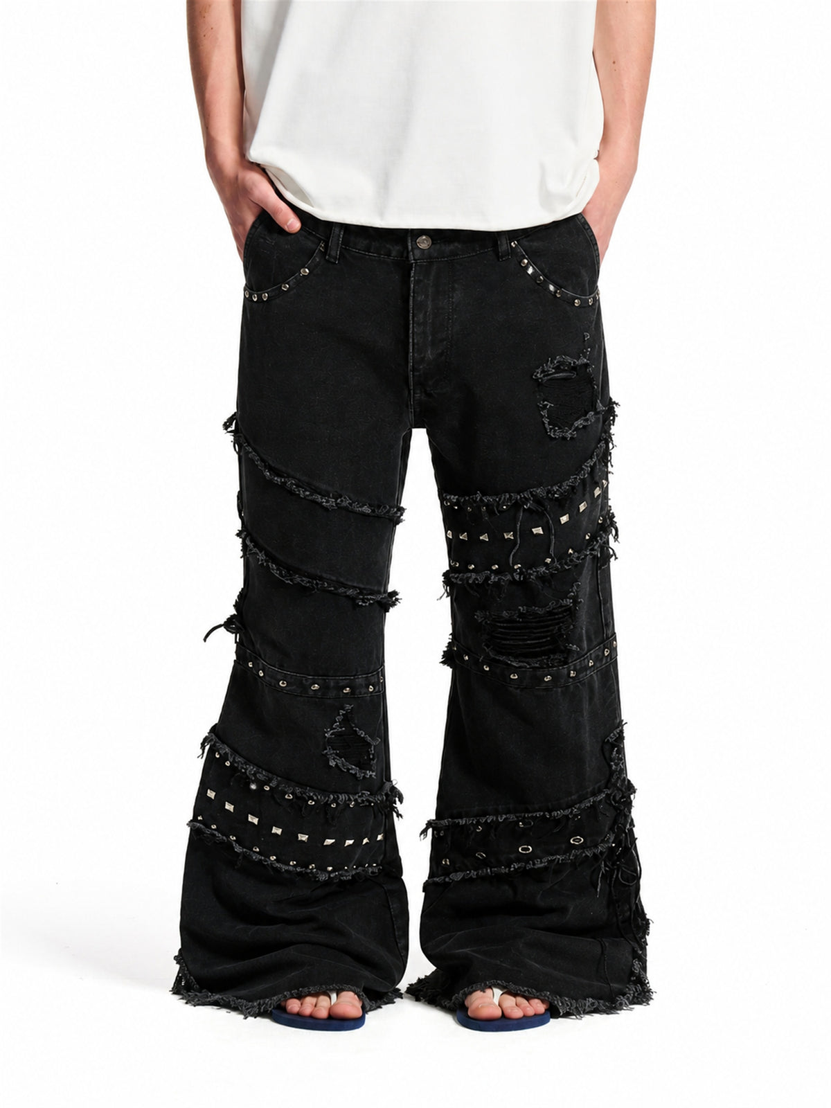 Studded Distressed Bootcut Jeans model image