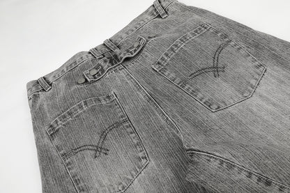 Textured Washed Baggy Barrel Jeans detail image 7
