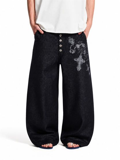Ornamental Cross Embroidered Baggy Jeans model image