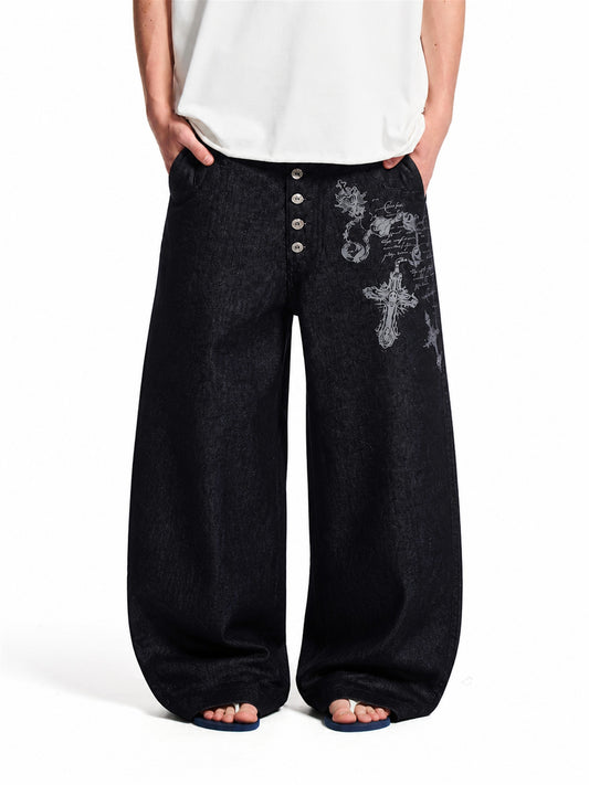 Ornamental Cross Embroidered Baggy Jeans model image