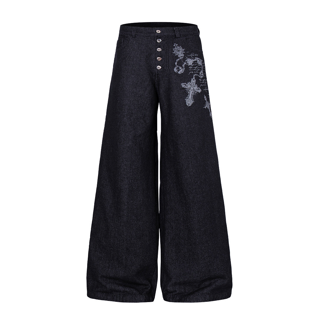 Ornamental Cross Embroidered Baggy Jeans Black product image