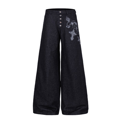 Ornamental Cross Embroidered Baggy Jeans Black product image