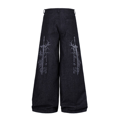 Ornamental Cross Embroidered Baggy Jeans detail image 8