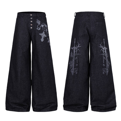 Ornamental Cross Embroidered Baggy Jeans detail image 9