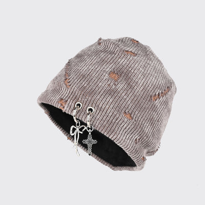Retro Wasteland Style Distressed Knit | Hanging Charm Beanie - Santo 