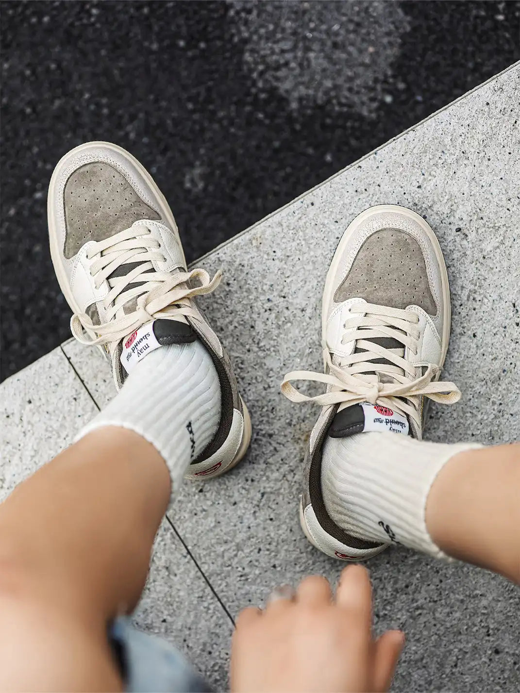 Worn Suede Panel Low Top Sneakers on foot styling image 2