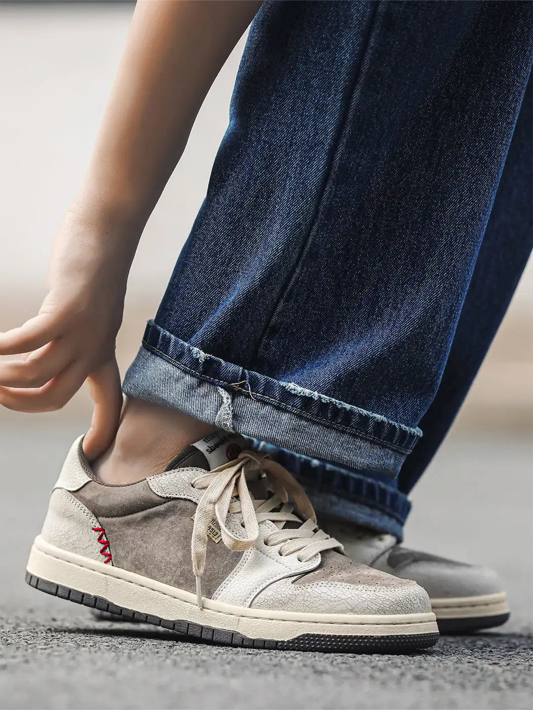 Worn Suede Panel Low Top Sneakers on foot styling image 4