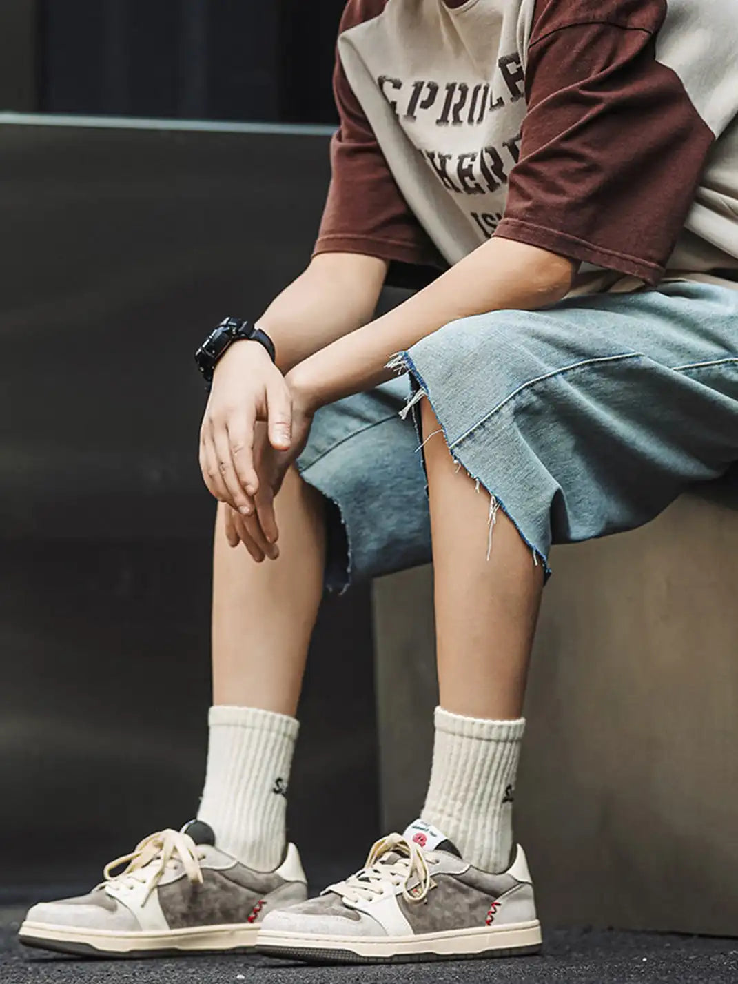Worn Suede Panel Low Top Sneakers on foot styling image 5