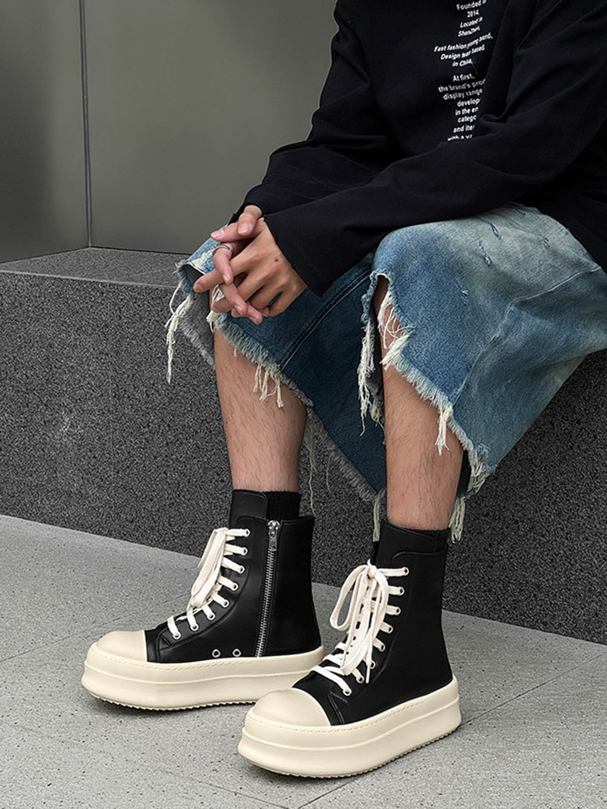 Side Zip Platform High Top Sneakers on foot styling image 1