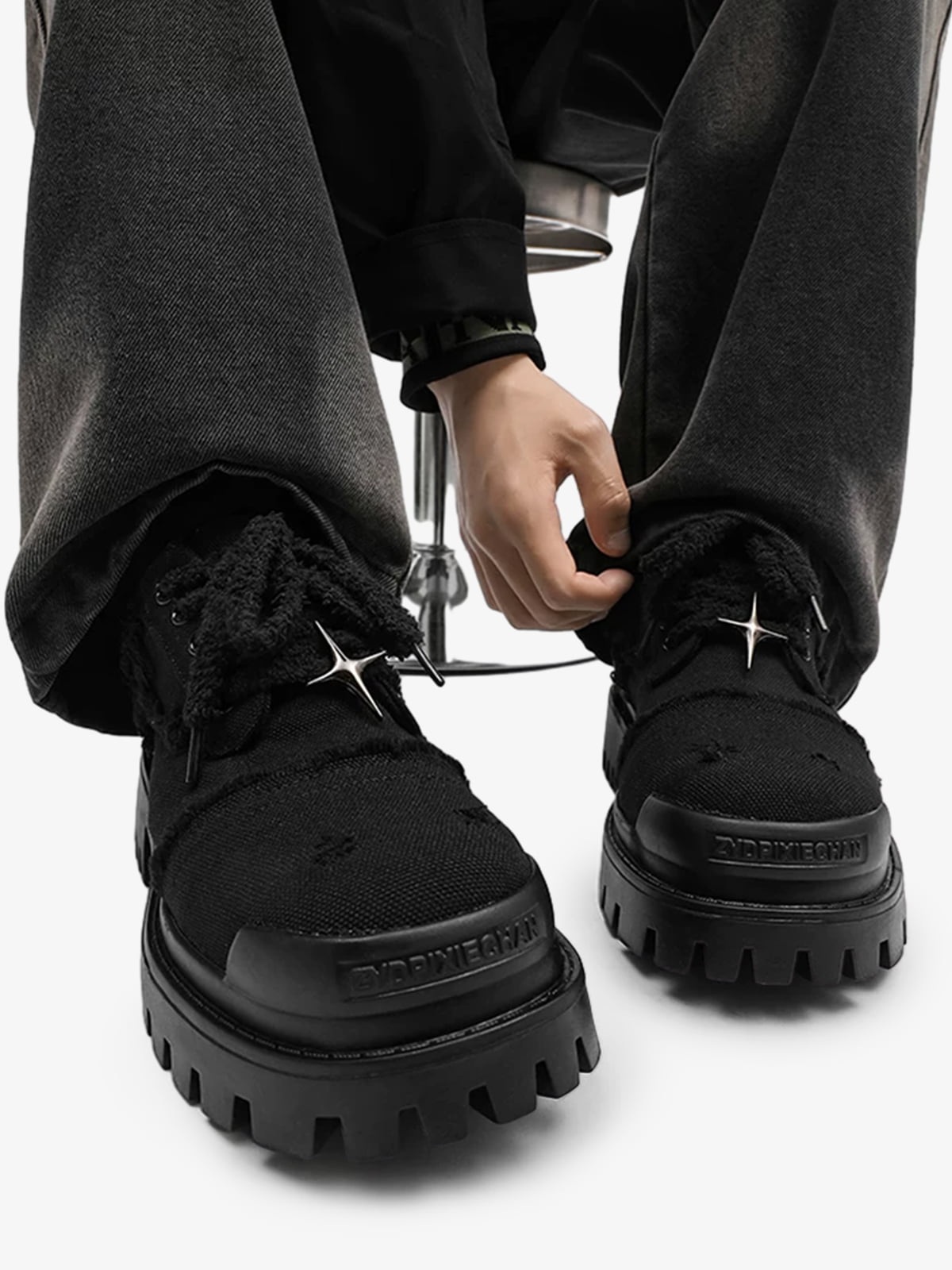 Four Point Star Denim Chunky Sneakers on foot styling image 2