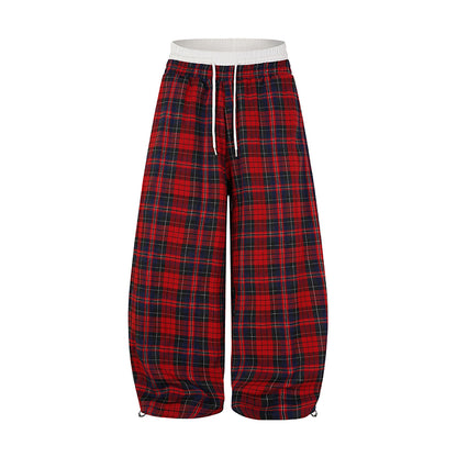 Double Waist Plaid Baggy Sweatpants Red product image