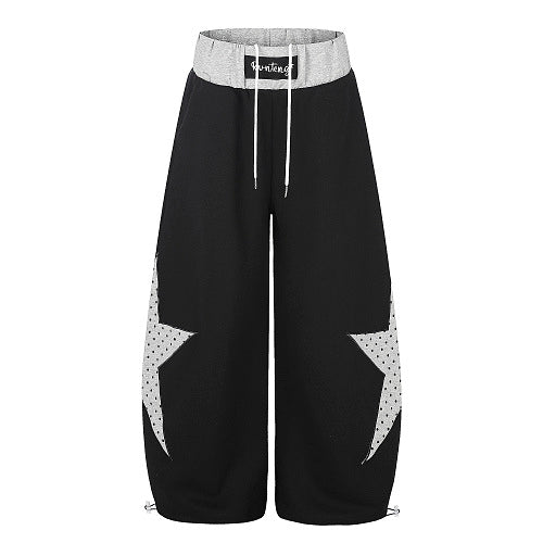 Layered Waist Star Panel Baggy Sweatpants Black product image