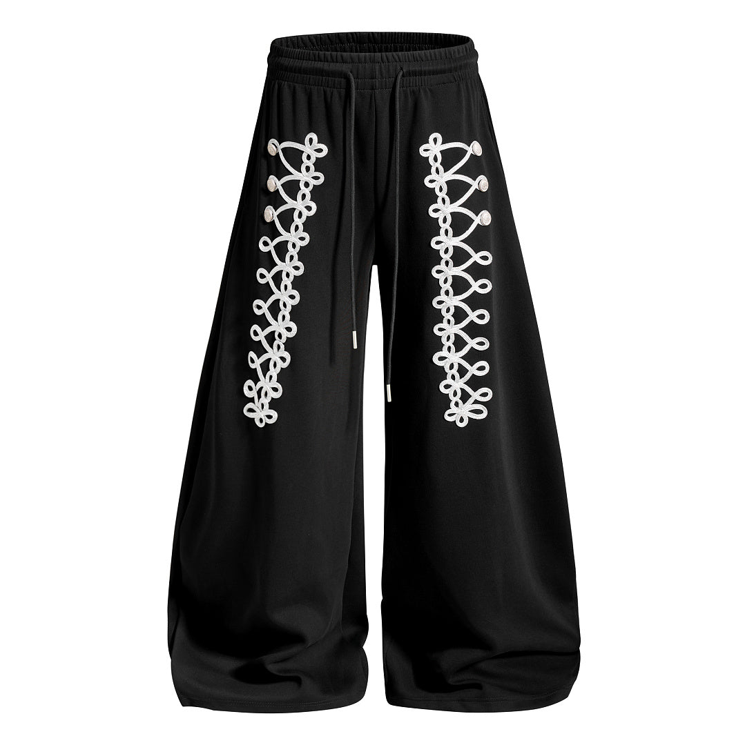 Lace Up Embroidery Baggy Barrel Sweatpants Black product image