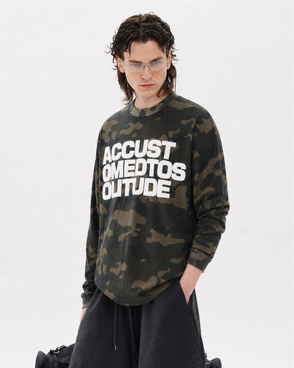 Camo Slogan Graphic Long Sleeve Sweatshirt model image