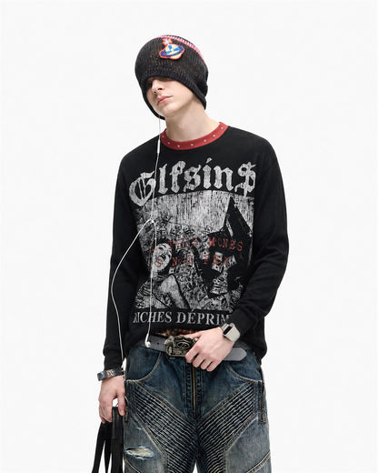Distressed Collage Graphic Long Sleeve Sweatshirt model image