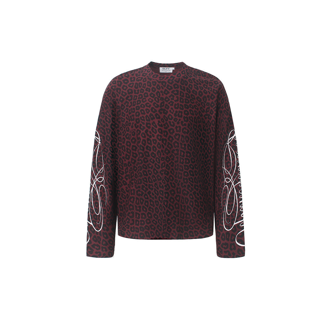 Sleeve Embroidery Leopard Print Long Sleeve Sweatshirt Wine Red product image
