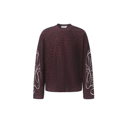 Sleeve Embroidery Leopard Print Long Sleeve Sweatshirt Wine Red product image