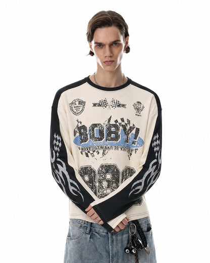 Rhinestone Graphic Contrast Sleeve Long Sleeve Sweatshirt model image