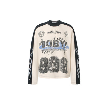 Rhinestone Graphic Contrast Sleeve Long Sleeve Sweatshirt Beige product image