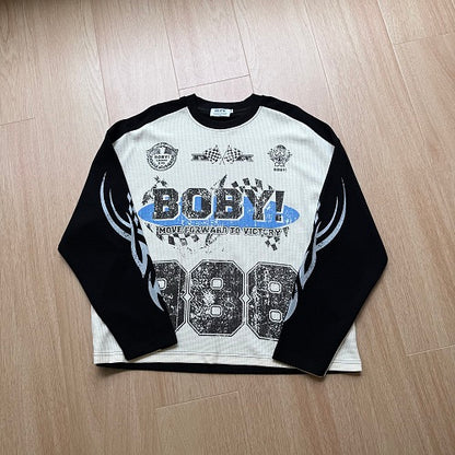 Rhinestone Graphic Contrast Sleeve Long Sleeve Sweatshirt detail image 7