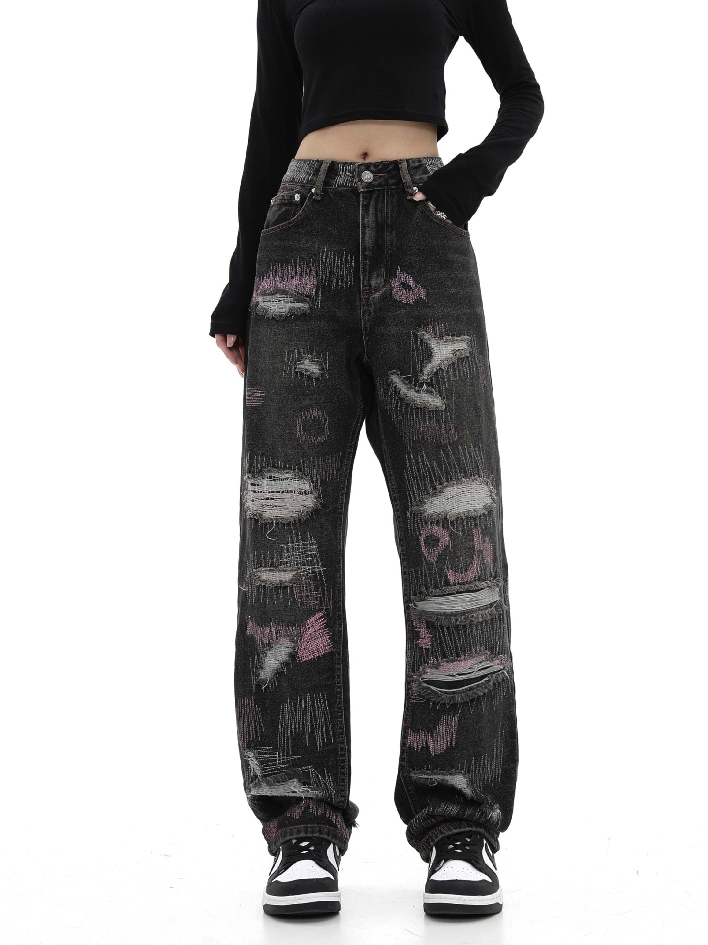 Hole Jeans Men Women Punk Black Oversized Baggy Denim Pants Mens Casual Loose High Street Pink Harajuku Graffiti Trousers Unisex - Santo 