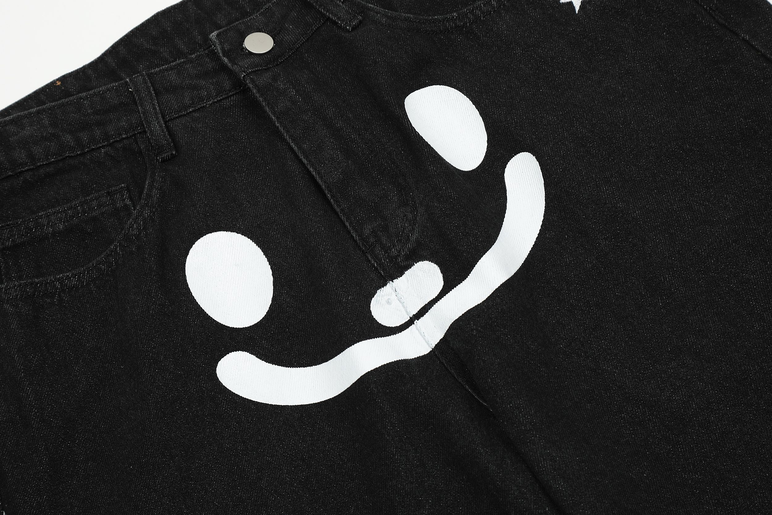 Smiley Graffiti Star Print Trousers Mens Straight Jeans Pants Men Hip Hop Ovesized Loose Washed Denim Streetwear Pants Unisex - Santo 