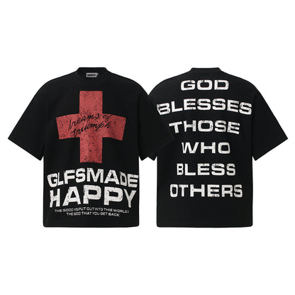 Oversized Red Cross Graphic Streetwear T-Shirt