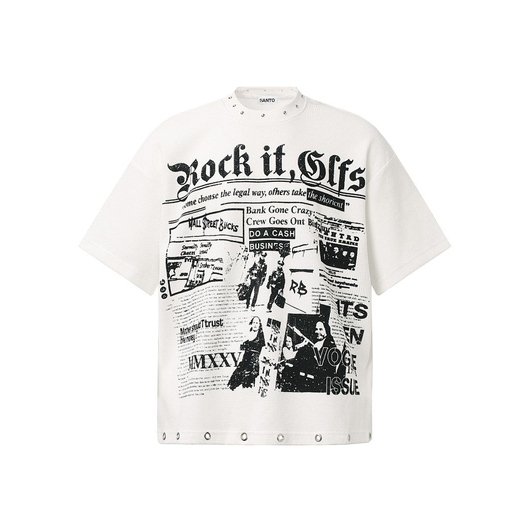 Oversized Newspaper Print Grommet Detail T-Shirt