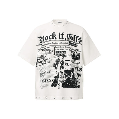 Oversized Newspaper Print Grommet Detail T-Shirt