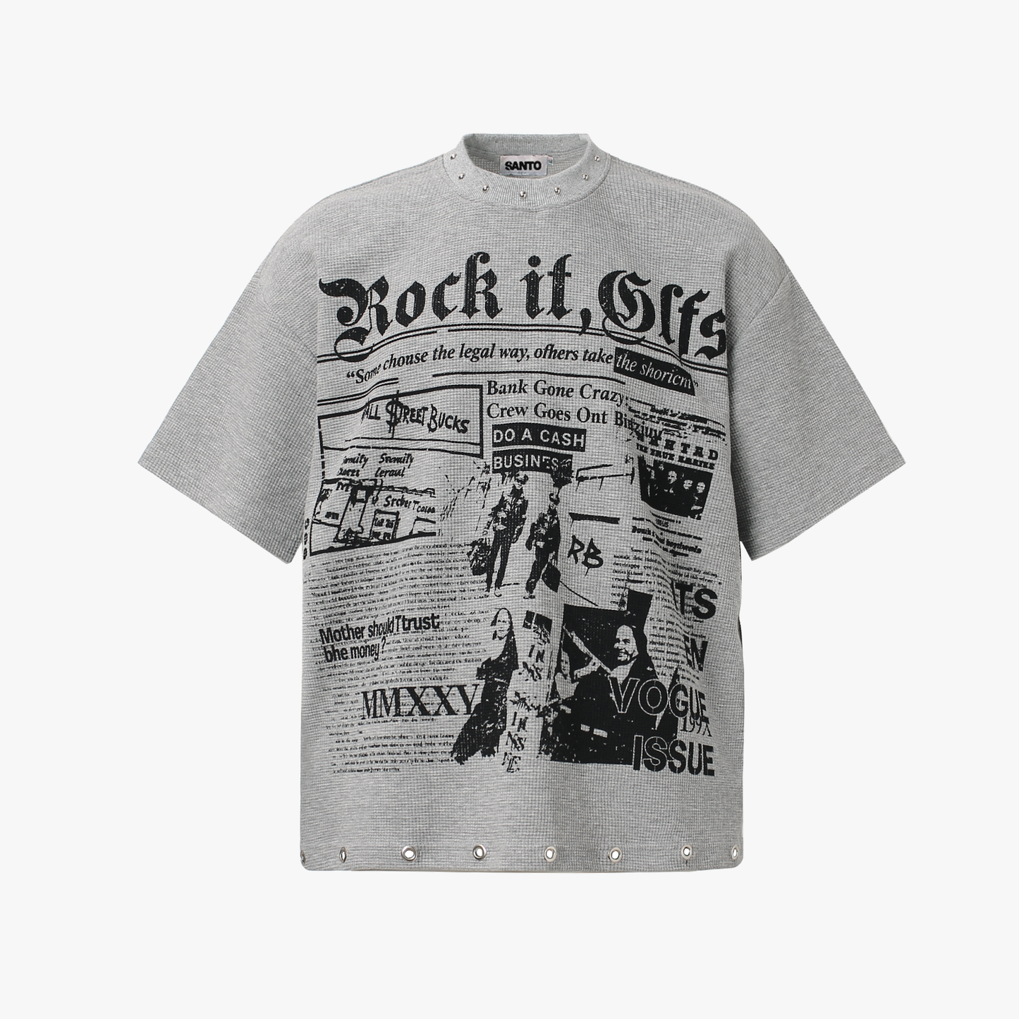 Oversized Newspaper Print Grommet Detail T-Shirt