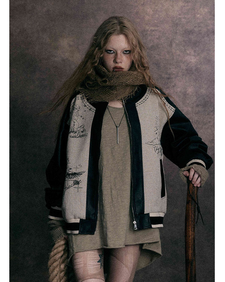 Vintage-Inspired Illustrated Bomber Jacket