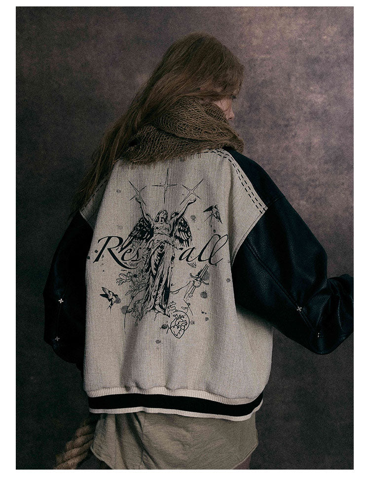 Vintage-Inspired Illustrated Bomber Jacket