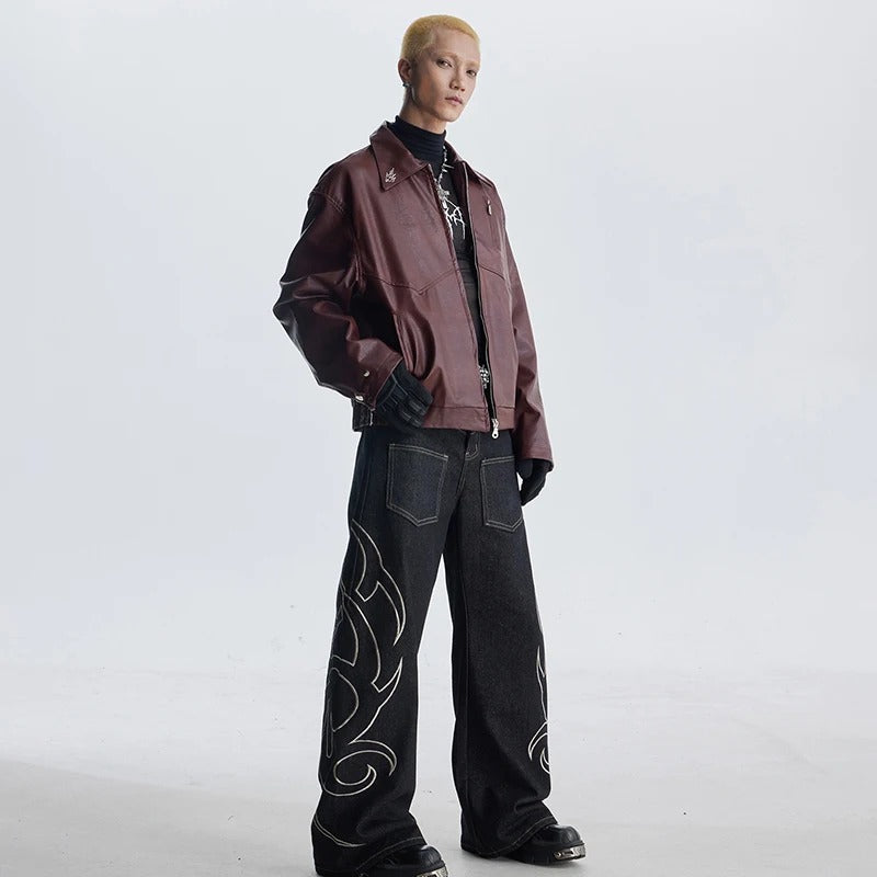 Retro Motorcycle Streetwear Coat | Embroidered Leather Jacket - Santo 