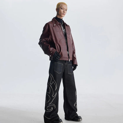 Retro Motorcycle Streetwear Coat | Embroidered Leather Jacket - Santo 