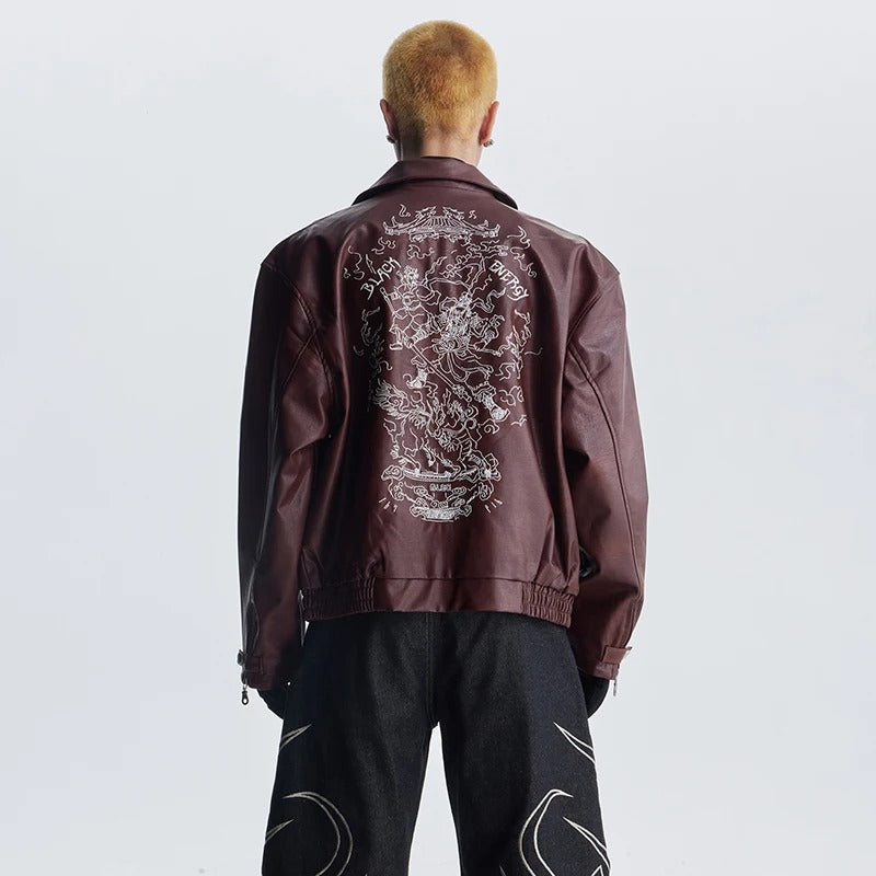 Retro Motorcycle Streetwear Coat | Embroidered Leather Jacket - Santo 