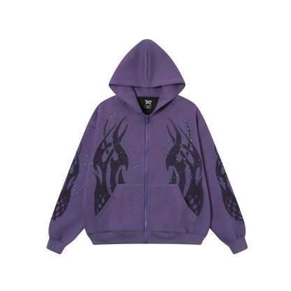 Flame Rhinestone | Y2K Zip-Up Hoodie - Santo 