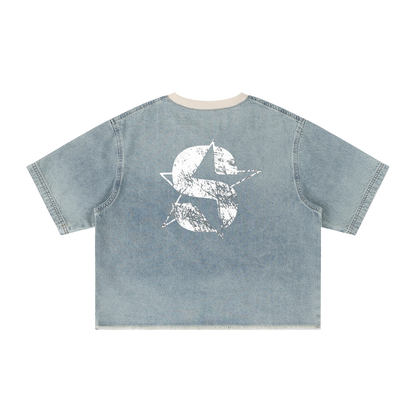 Unisex Vintage Wash Boxy Raw Hem Denim T-Shirt