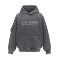 Washed Letter Print Pullover | Utility Pocket Streetwear Hoodie - Santo 