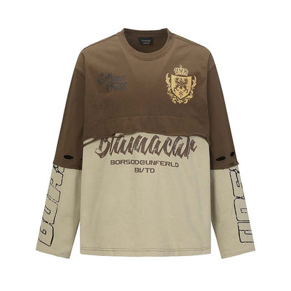 Y2K Grunge Patchwork Top | Distressed Graphic Long Sleeve Shirt - Santo 